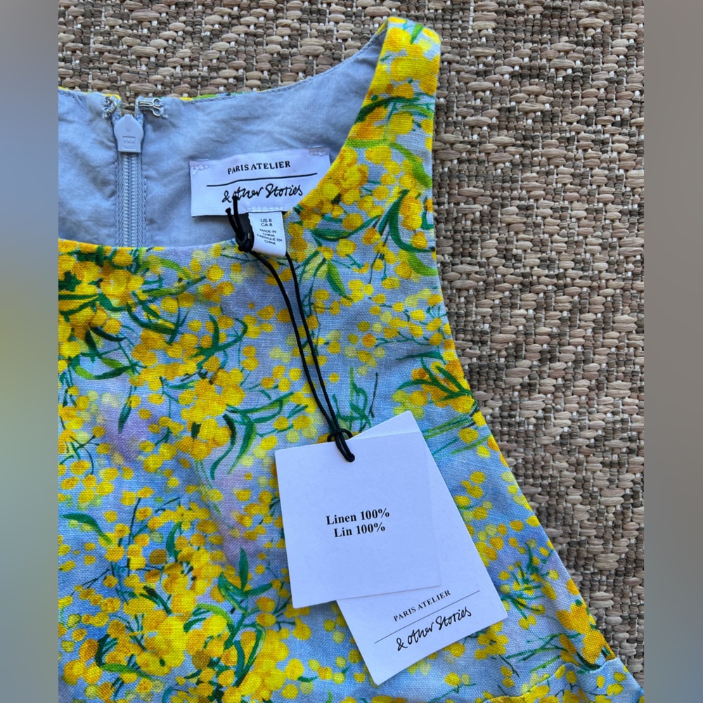 & Other Stories Linen Yellow Blue Floral Shift Sleeveless Dress Size 8 NWT - Picture 4 of 6